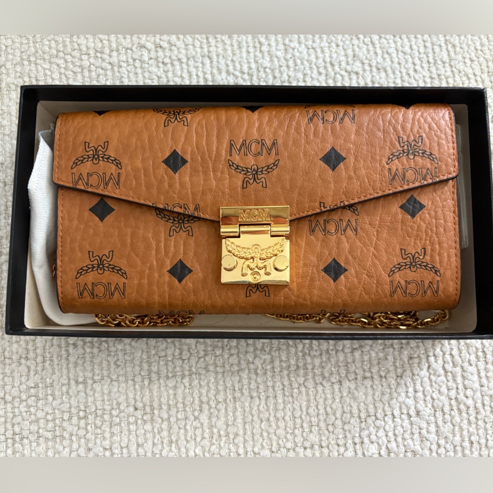 MCM Patricia Crossbody Wallet in Visetos with Gold Chain.